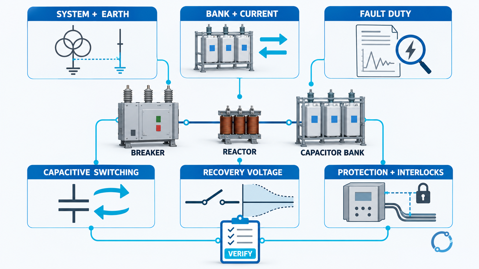 Six-panel medium-voltage power-factor-correction breaker coordination map covering system earthing, bank current, fault duty, capacitive switching, recovery voltage and protection around the breaker, reactor and capacitor bank