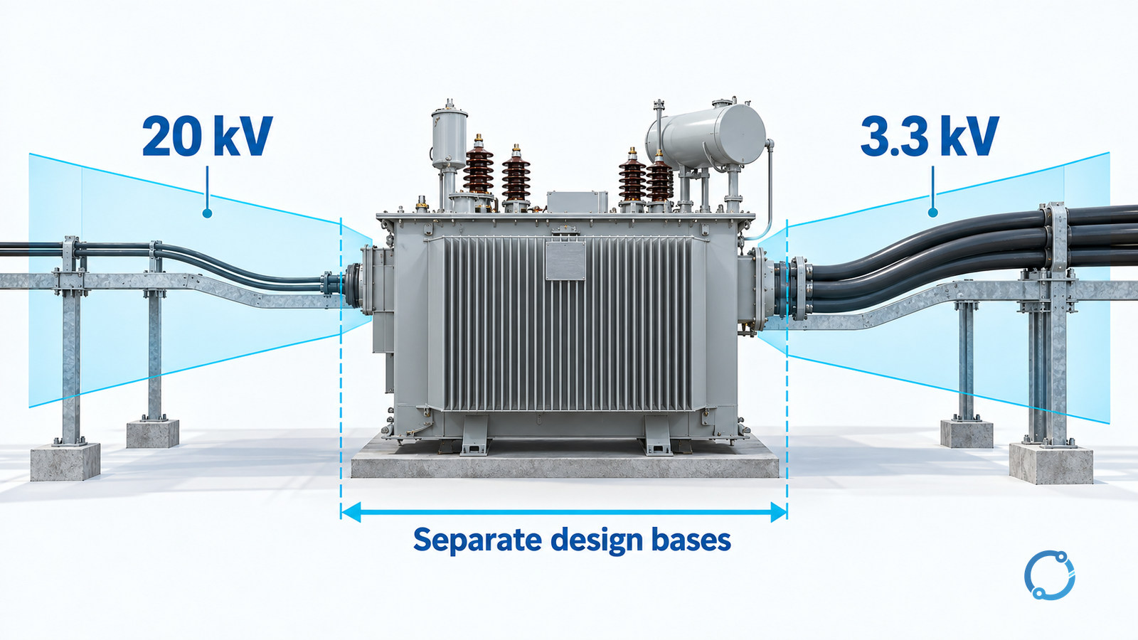 Conceptual transformer with separate 20 kV and 3.3 kV cable design boundaries