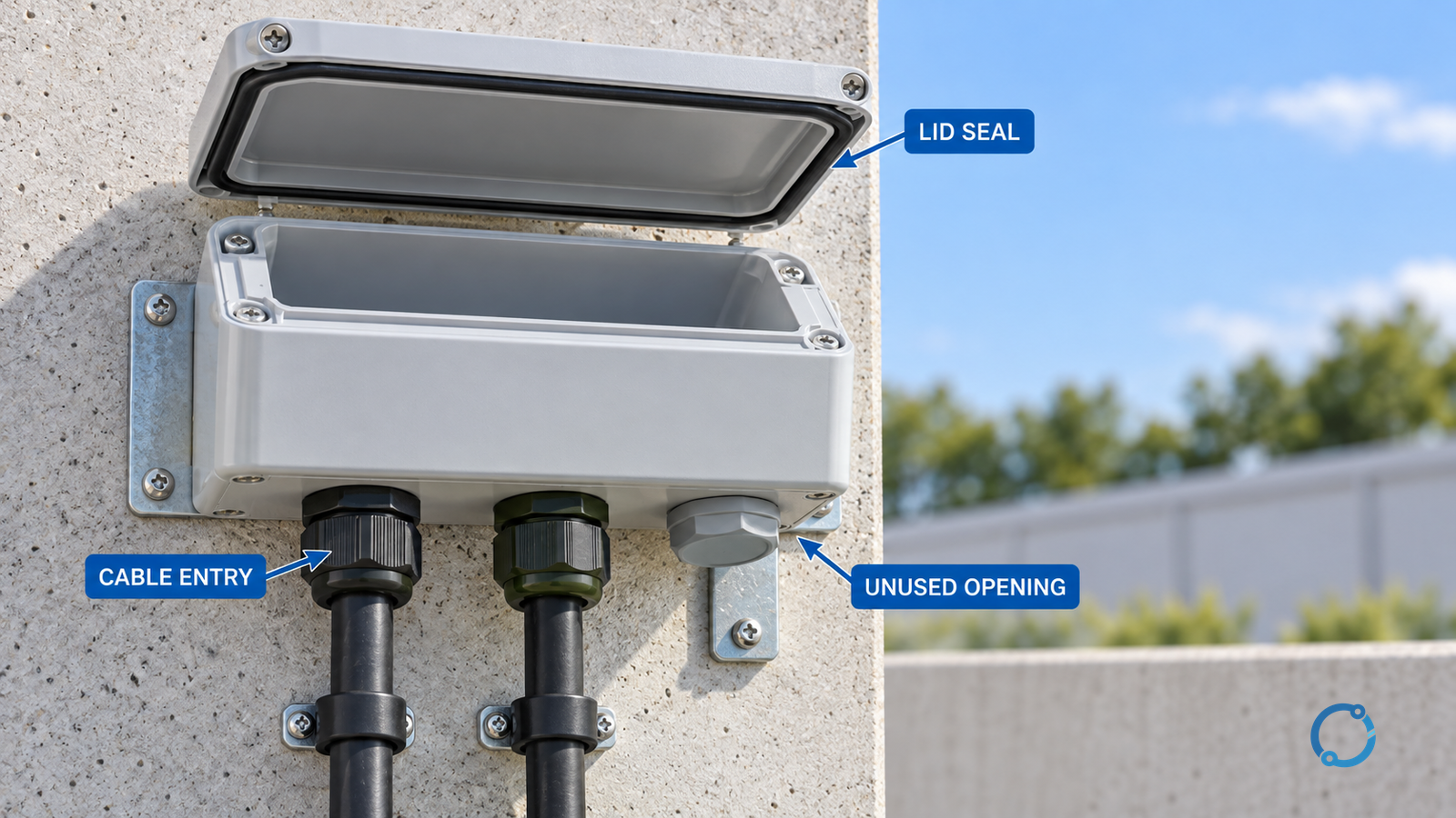 Conceptual junction-box assembly highlighting a continuous lid gasket, cable-entry glands and an unused-opening closure as separate ingress boundaries