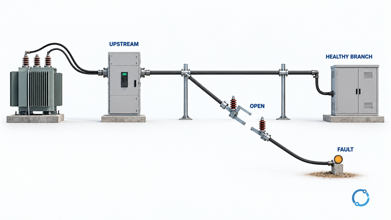 Conceptual radial feeder showing the downstream breaker isolating the affected branch while the upstream path remains available