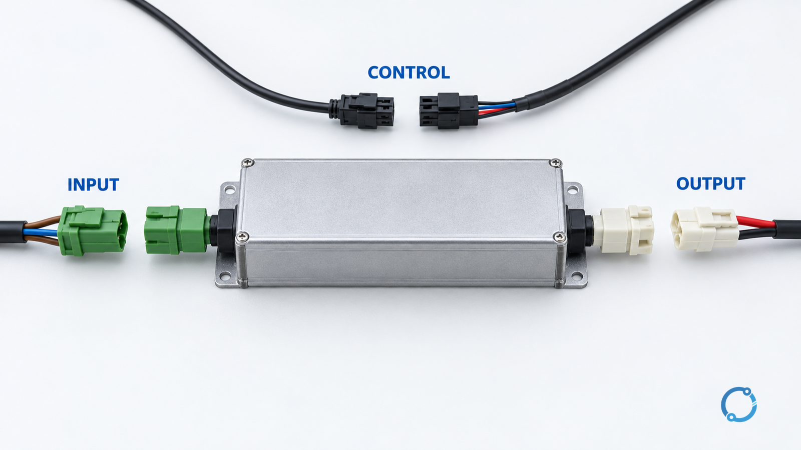 Conceptual LED-driver service layout separating matched input, LED output and control connector pairs around a closed driver