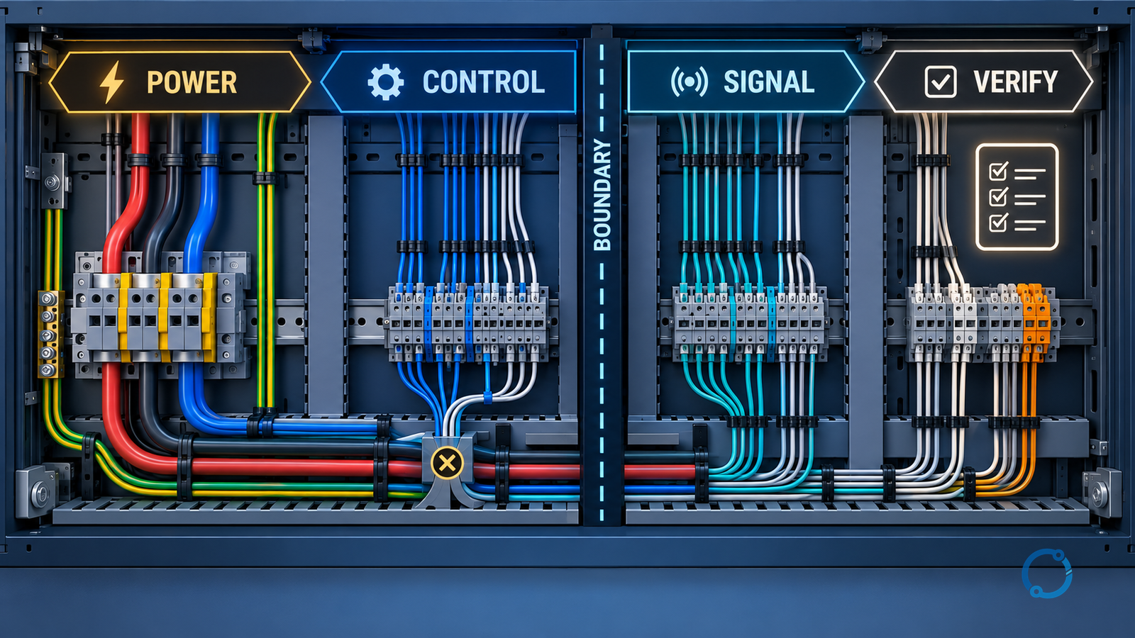 Conceptual control-panel terminal zone map dividing incoming power, switched control and field signal areas, with barriers, intentional crossings and a final verify gate