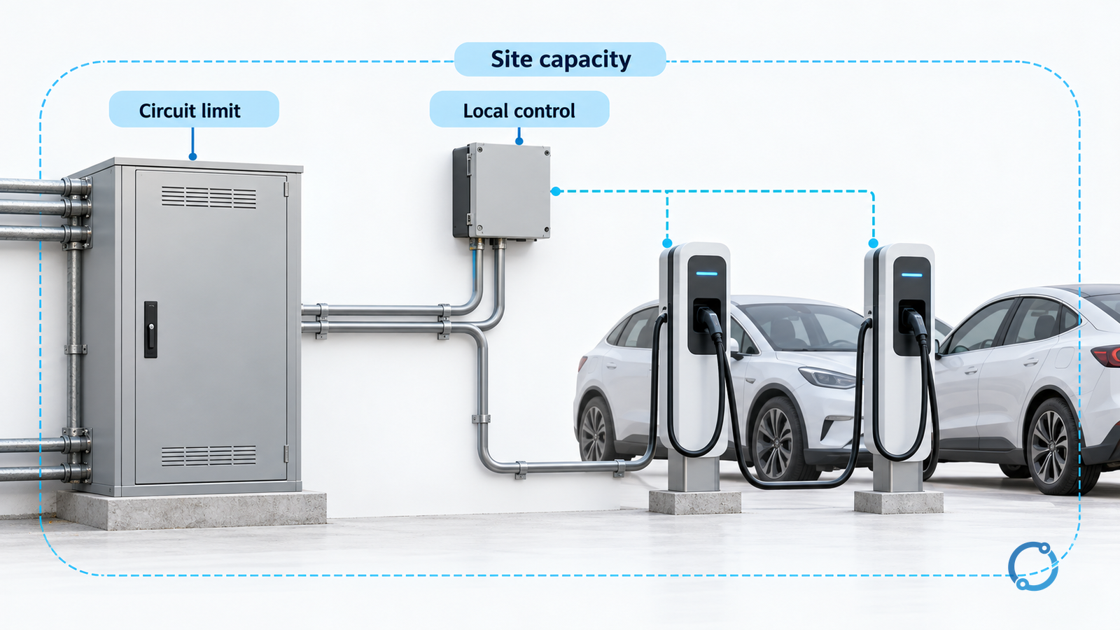 Conceptual building supply, local load controller and AC EV charging points with separate capacity boundaries