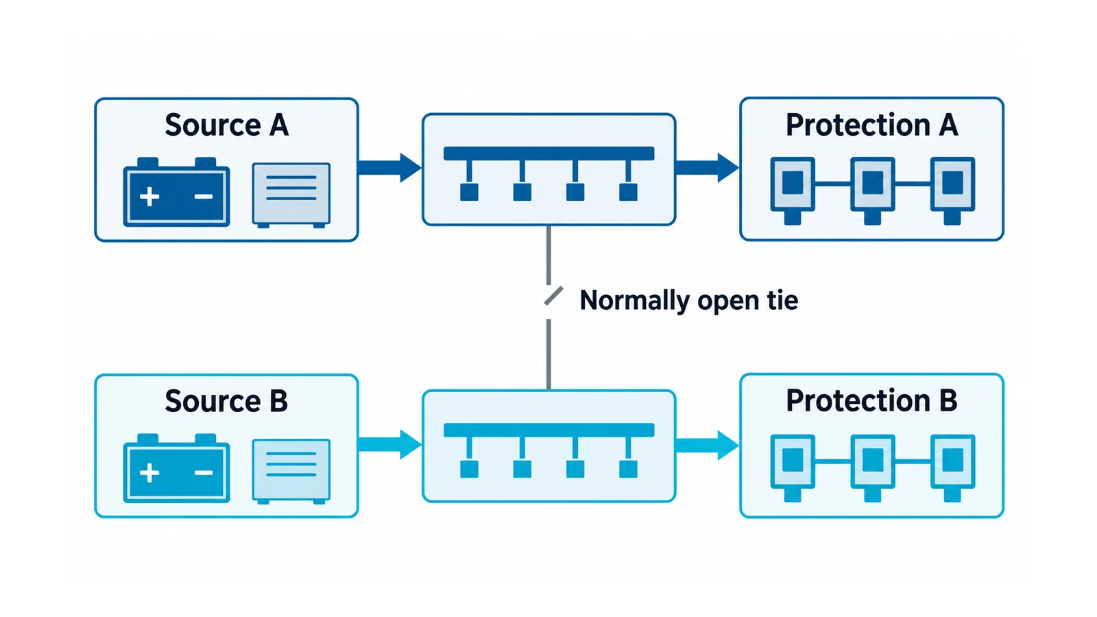 Two conceptual DC source and bus paths supplying separate protection groups, with a normally open interconnection shown as a possible common-dependency boundary