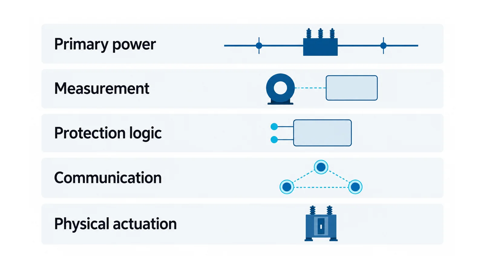 Five conceptual reading layers separating primary power, measurements, protection logic, communication and physical actuation