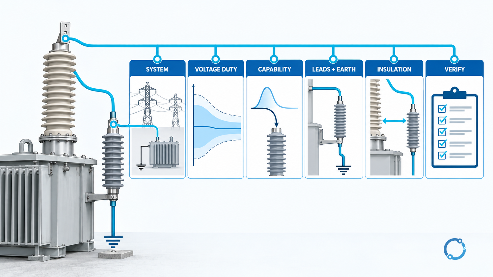 Five-stage transformer surge-arrester coordination sequence covering protected terminal, voltage duty, capability, lead and earthing geometry, and final insulation-coordination verification
