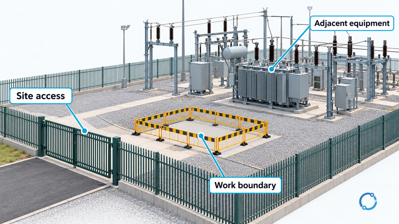 Conceptual switchyard plan separating the outer site access route, a bounded task area and adjacent substation equipment