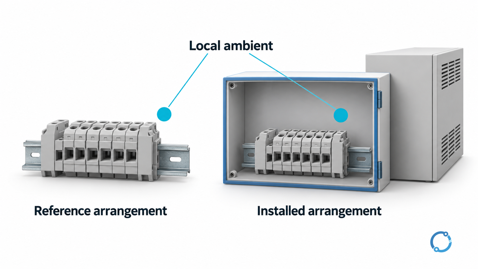 Conceptual comparison of a loose terminal arrangement and an enclosed terminal arrangement with distinct local ambient locations