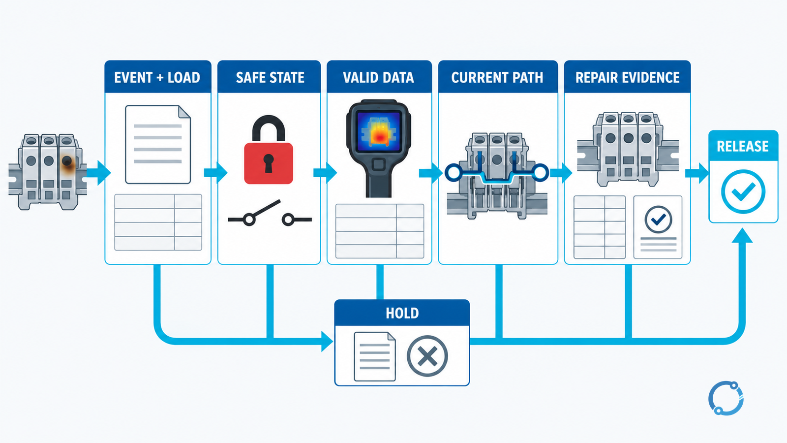 Five-stage control-panel terminal overheating diagnostic path showing observation, safe isolation, measurement validation, current-path inspection and repair verification, with a hold branch for incomplete evidence