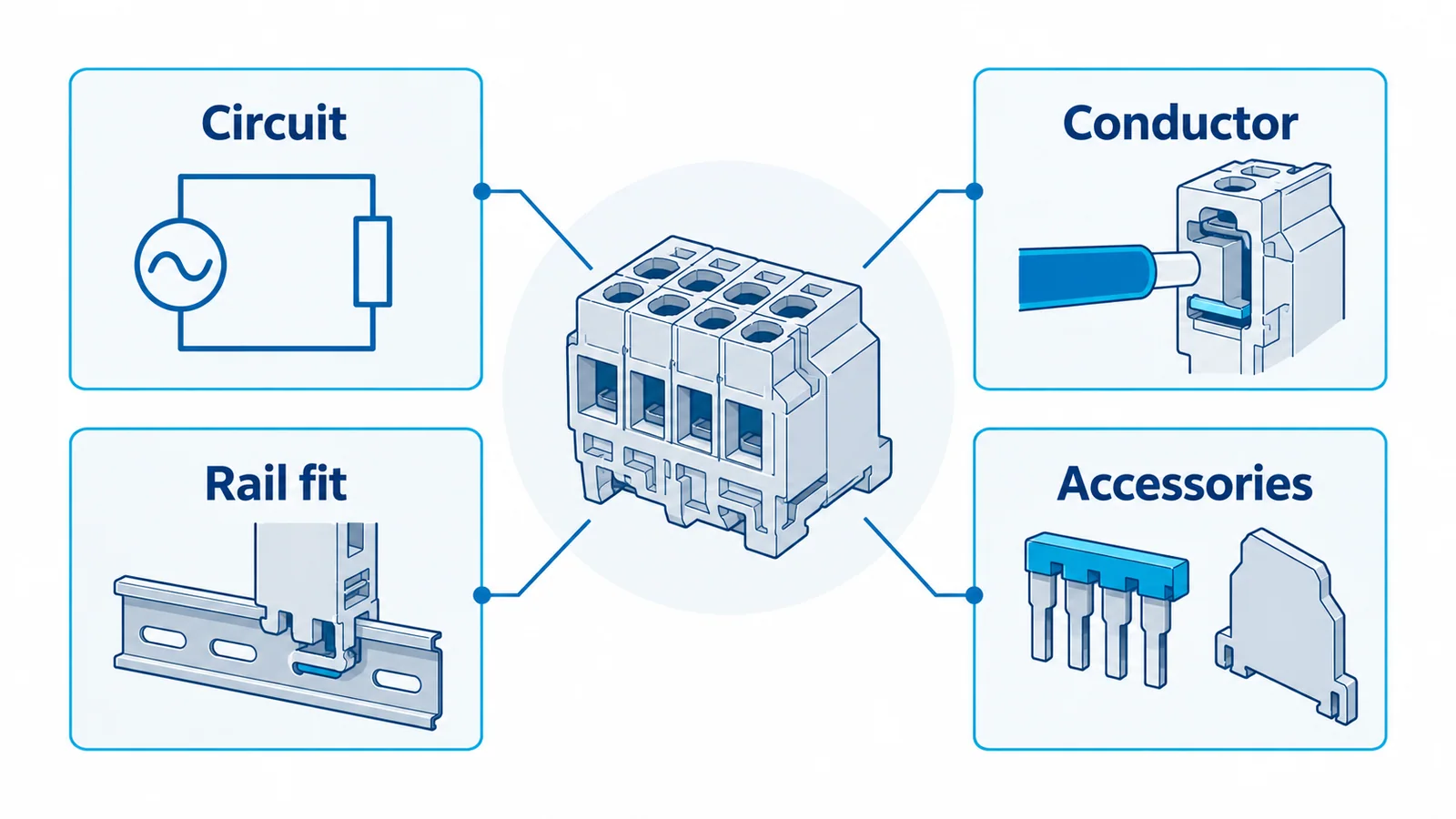 Conceptual terminal-block replacement gates comparing circuit rating, conductor entry, DIN rail fit and matching accessories