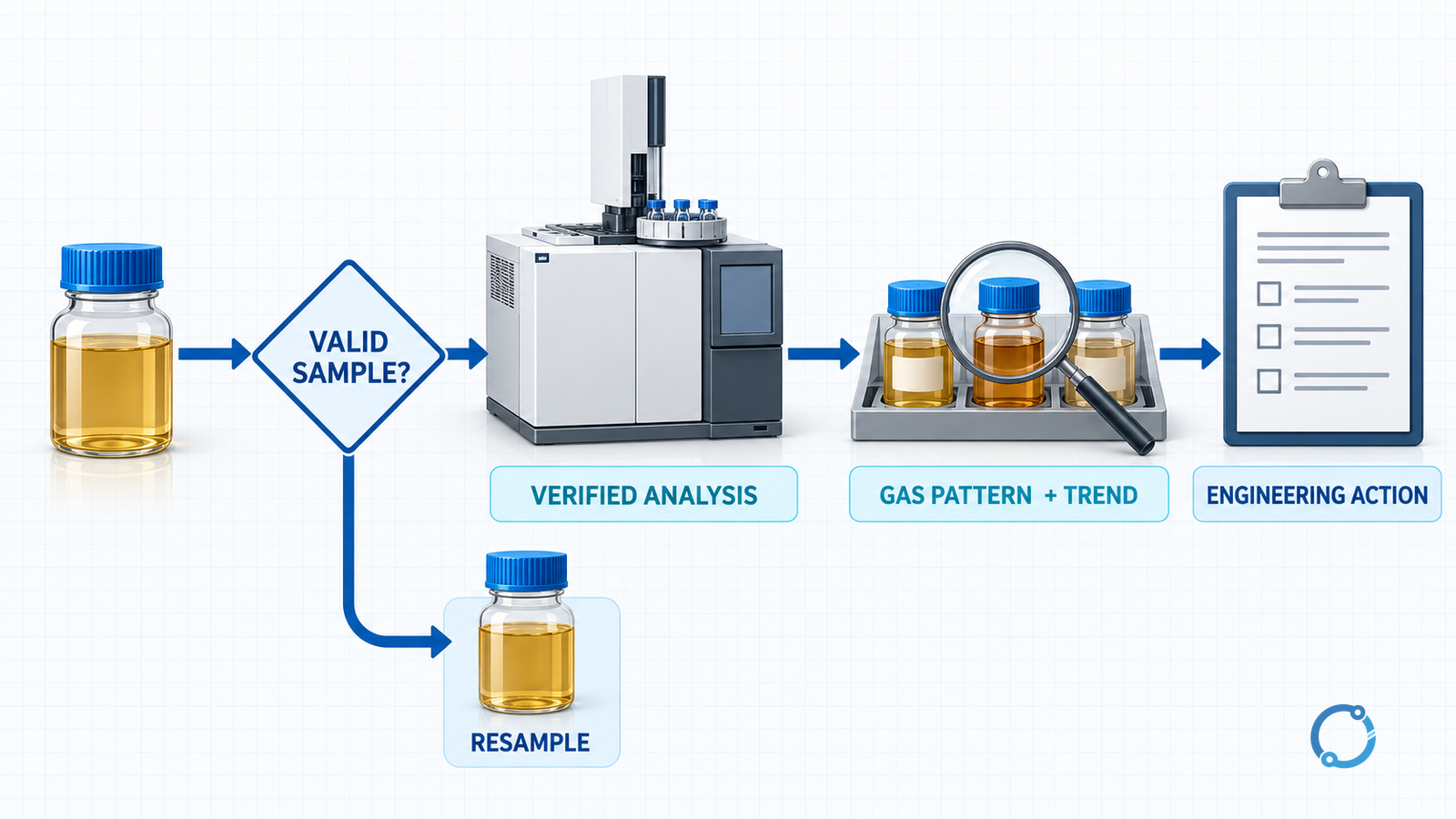 DGA report review sequence from valid sample through verified analysis and gas pattern trend to engineering action, with an invalid sample returning to resampling