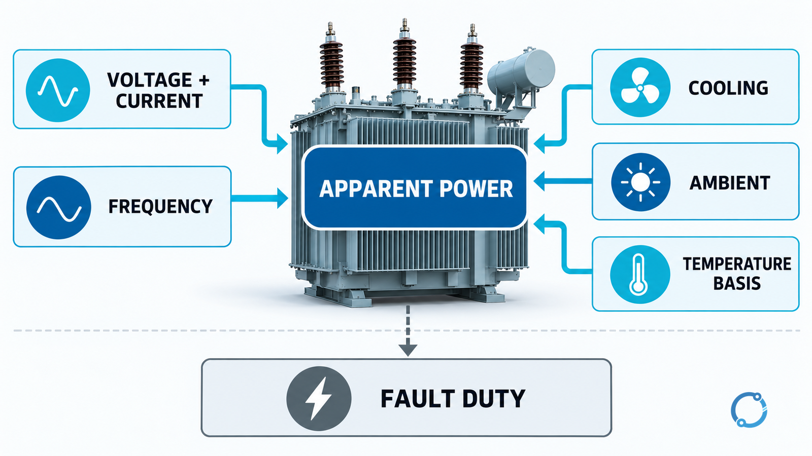 Transformer rating evidence map connecting winding voltage and current to apparent power, cooling state, temperature basis and separate fault-duty verification