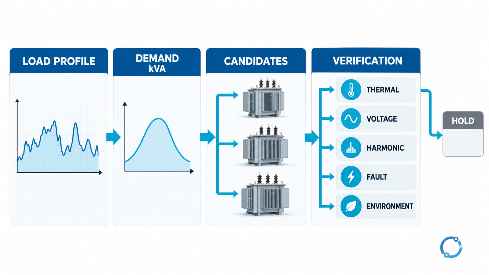 Transformer selection pathway from load schedule through apparent-power demand, candidate sizes, thermal and voltage verification to a pass, hold or exclude decision