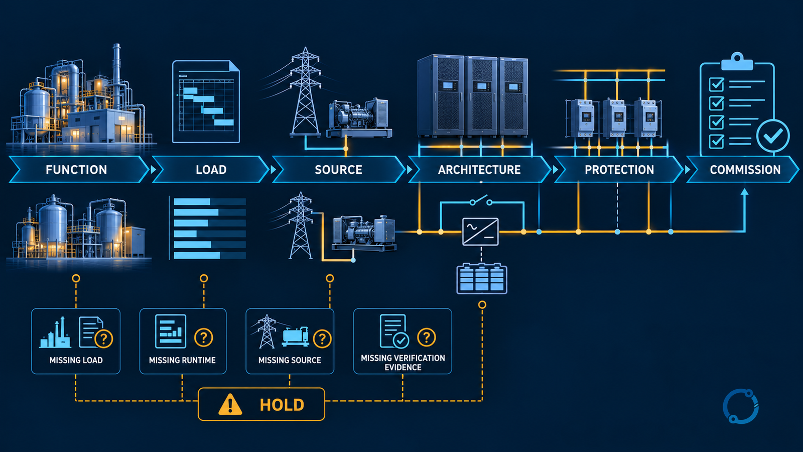 Nine-gate UPS selection process showing critical function, load inventory, source conditions, architecture, electrical sizing, transfer and protection, installation environment, controls, and commissioning verification
