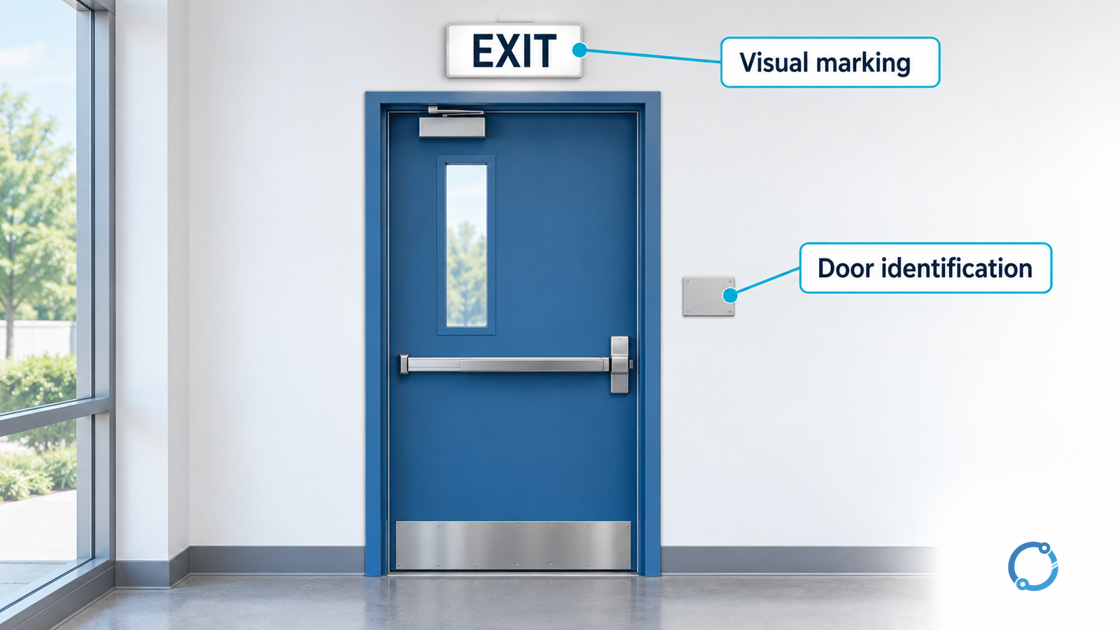 Conceptual doorway distinguishing overhead visual exit marking from a separate adjacent tactile identification sign