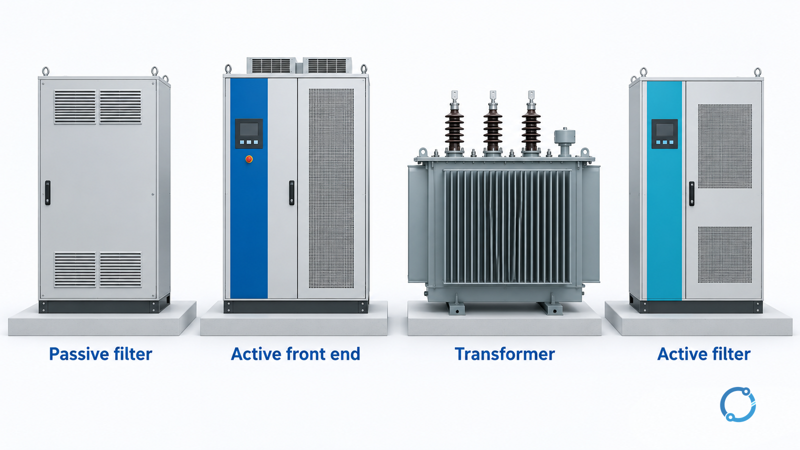 Four separate conceptual equipment candidates labelled passive filter, active front end, transformer and active filter