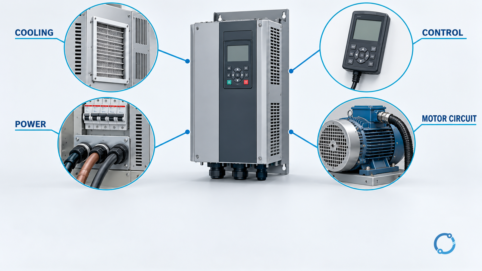Closed drive linked to cooling, power, motor circuit and control inspection interfaces